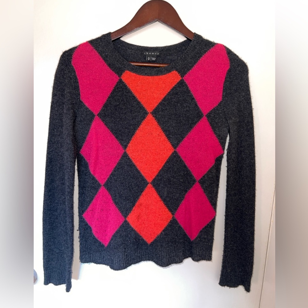 Theory Women's 100% Cashmere Argyle Crewneck Sweater - Gray, Pink, Orange Size S